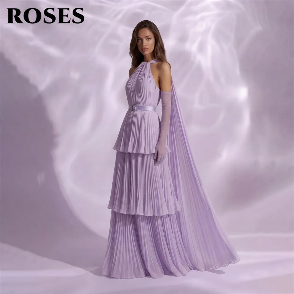 

ROSES Lavender Party Dress Halter Pleated Evening Dresses Tiered Chiffon Formal Gown with Belt Prom Gown for Women Customized