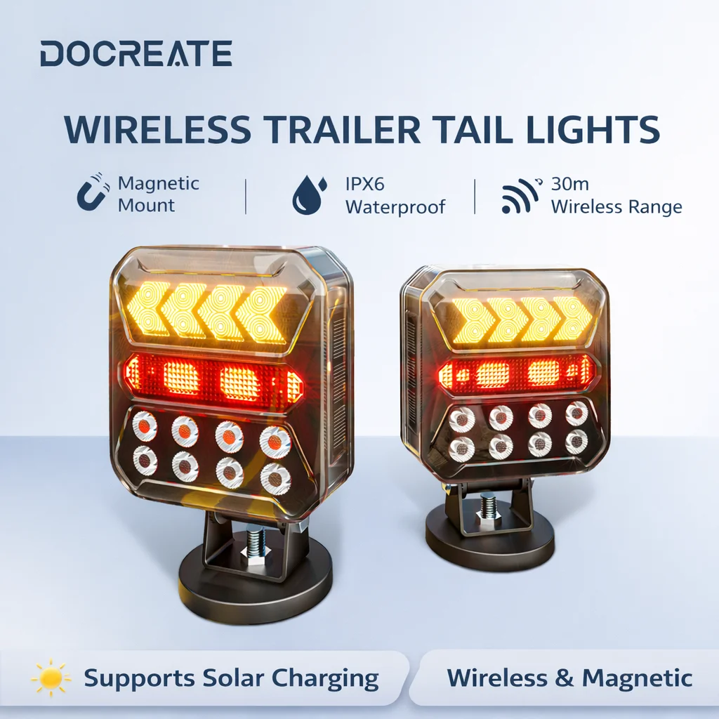 Wireless Magnetic Trailer Tail Lights for Trucks RVs, USB & Solar Rechargeable, 2.4GHz Remote, IPX6 Waterproof, 180° Adjustable