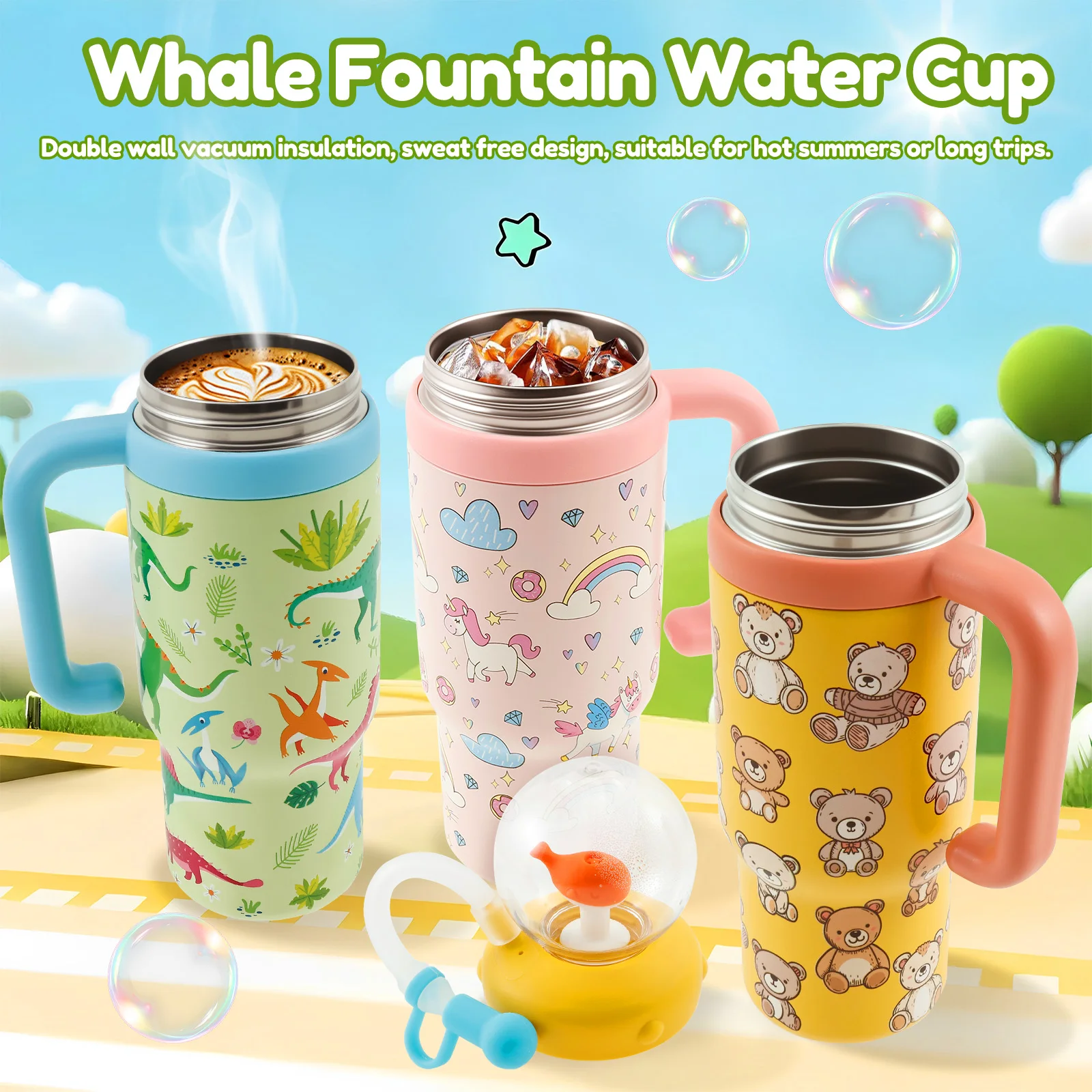 

710 ML/24 Oz Water Bottle Stainless Steel Whale Fountain Tumbler Leak-proof Drinking Cup with Straw Brush or Cup Brush for Child