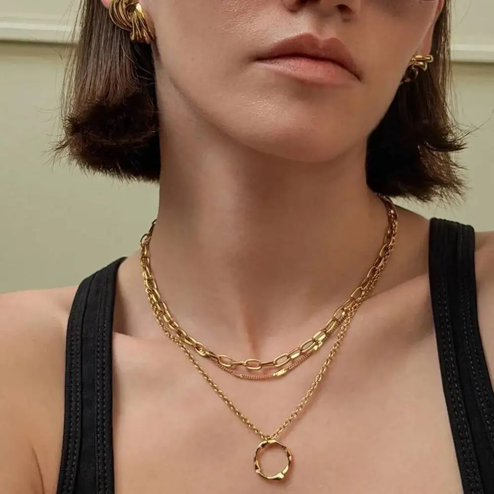 SHIXIN Vintage Simple 18K Gold Plated Stainless Steel Chain Round Pendant Necklace Women Fashion Multilayer Choker Neck Jewelry