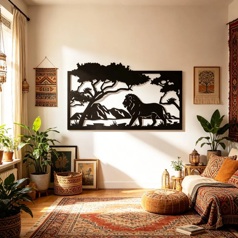 African Savannah Lion Metal Wall Art, 2D Flat Laser Cut Safari Wildlife Silhouette Wall Sculpture, Retro Boho Style