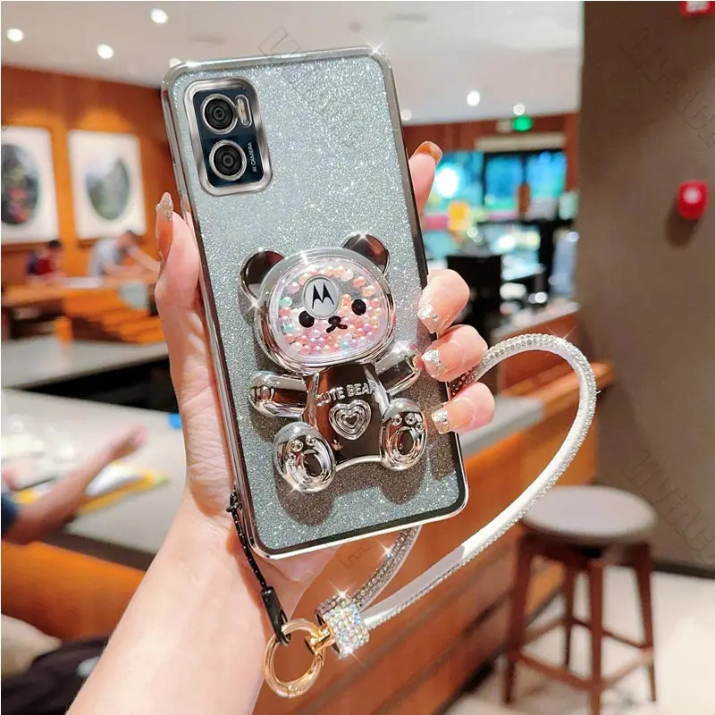 E 7 E 13 Diamond Strap Glitter Bear Holder Case On For Motorola Moto E7 Plus Power E13 E20 E22 E22i E32 EDGE 20 30 Stand Cover