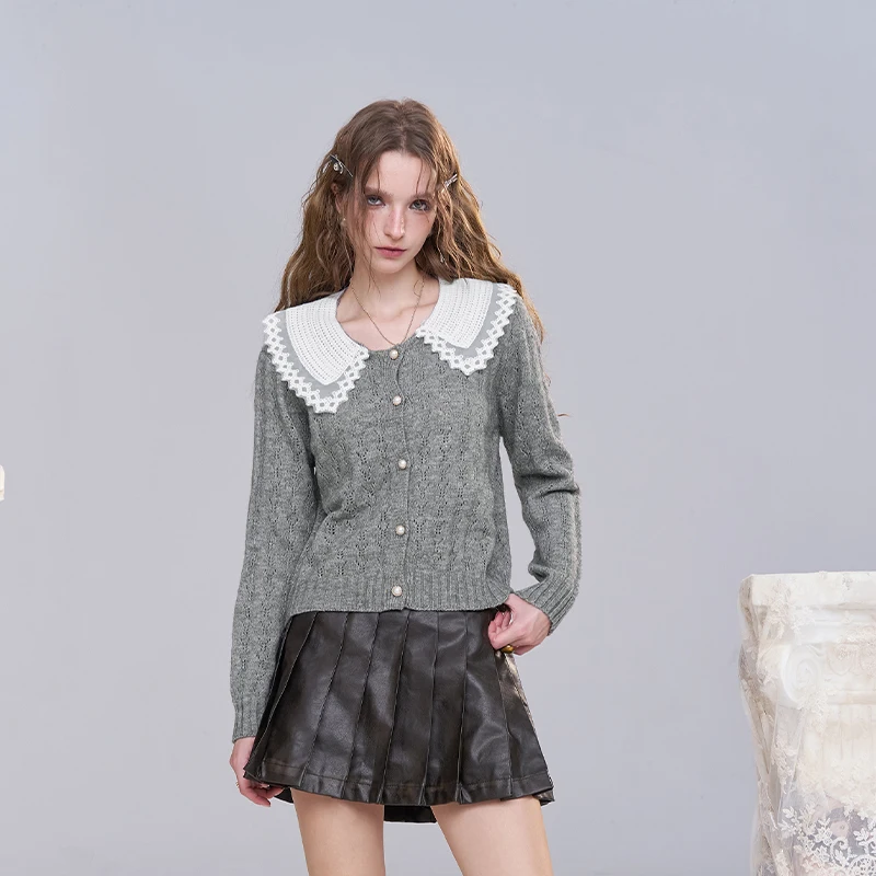 ELFSACK 2025 Autumn New Arrivals Casual Elegant Knit Lapel Lace Hollow Out Long Sleeve Knit Sweater For Woman