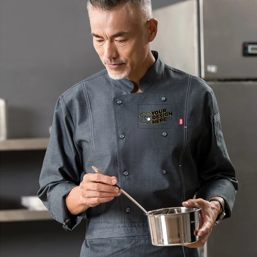 Customize Diy Logo Chef Uniform Long Sleeve Warm Chef Jacket With Front Pockets Oblique Collar Suits For Men Catering For Coffee