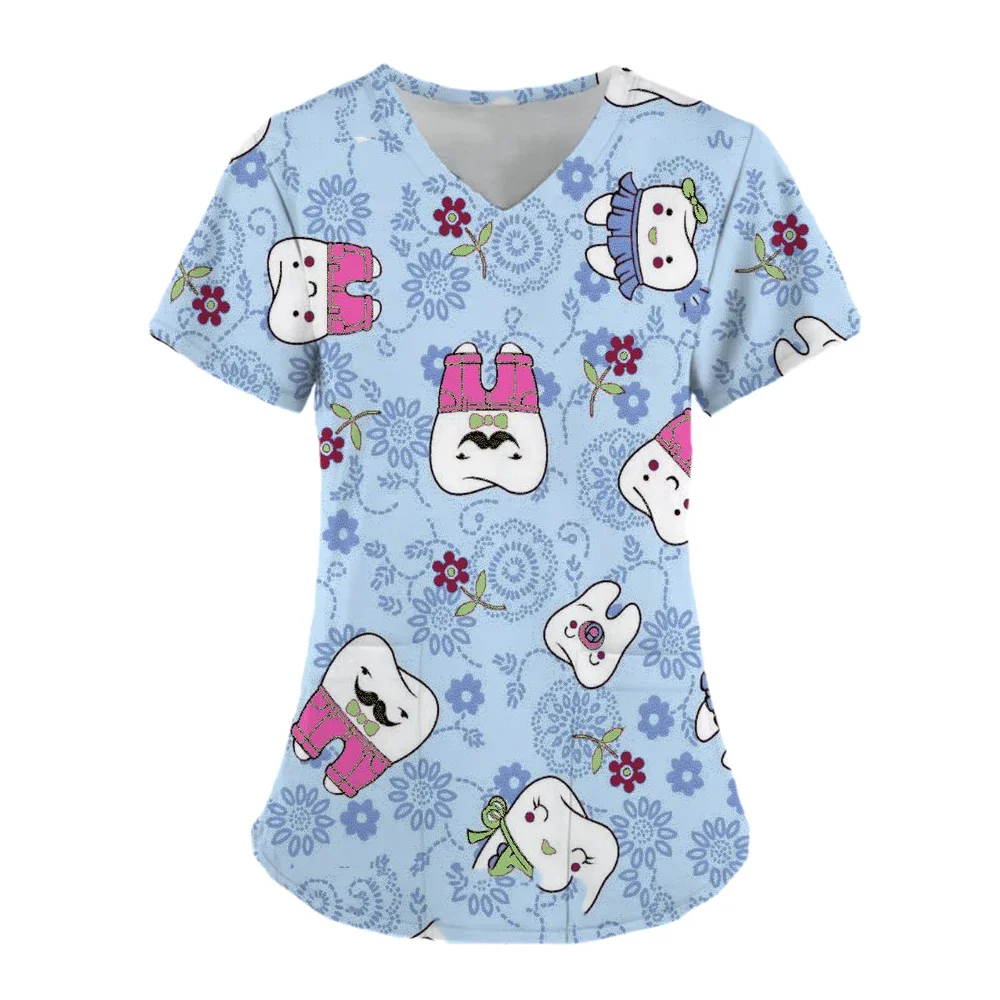 

Cartoon Teeth Print Scrub Tops Women Dentist Working Uniform Nurse Scrub Uniforme Medicos Para Mujer Kid Tooth Hospital Workwear