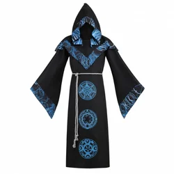 Mens Halloween Carnival Party Costume Medieval Sorcerer Robe Dark Wizard Cosplay Renaissance Vintage Hooded Cape Black Cloak