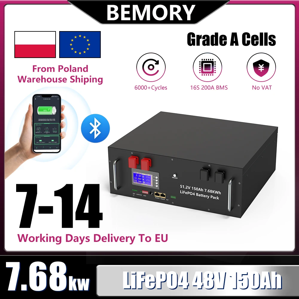 LiFePO4 48V 150Ah 7.6KW Lithium Battery Bluetooth 51.2V 100Ah 200Ah 300Ah 6000+Cycles 32 Parallel CAN/RS485 EU Fast delivery