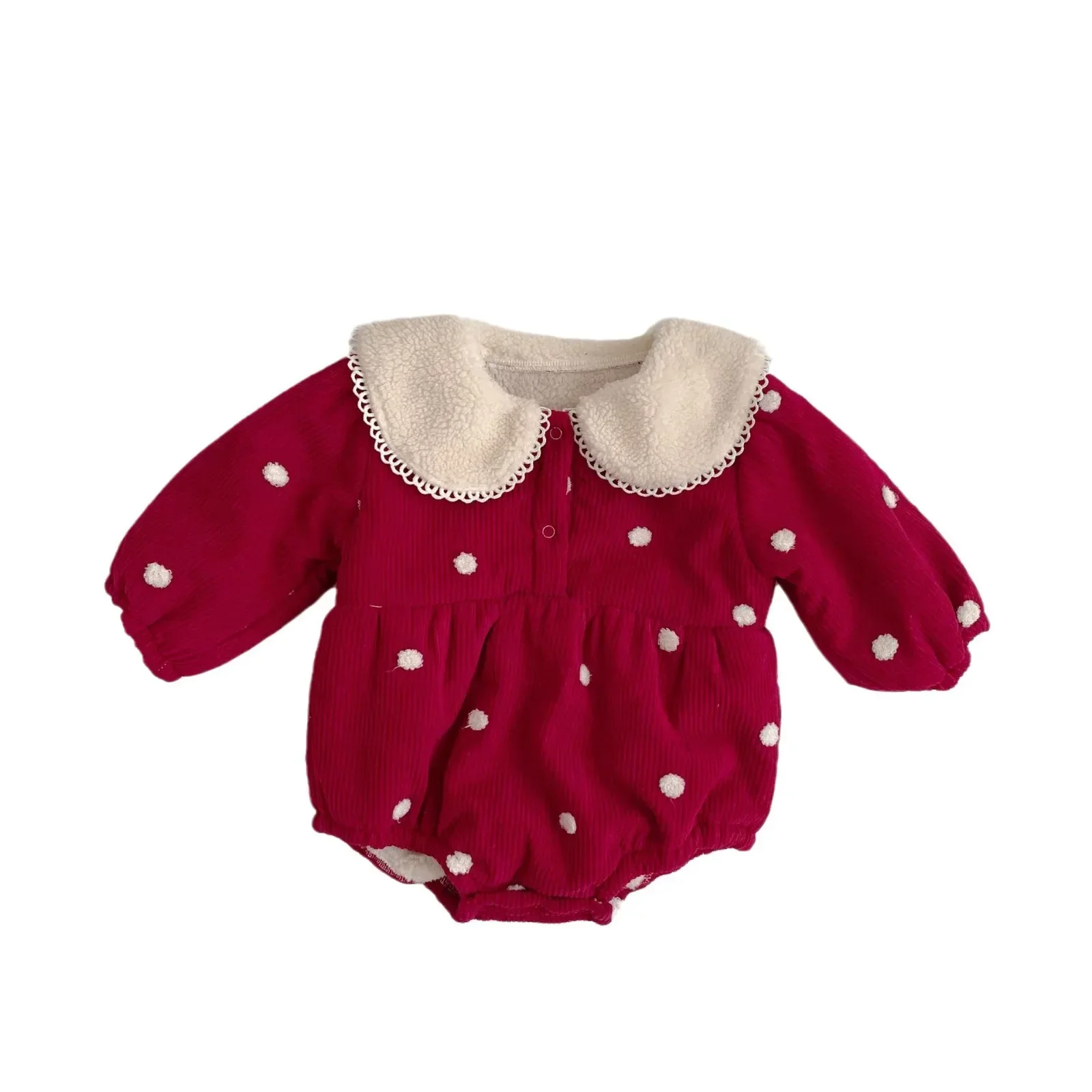 Winter New in Kids Baby Girls Cute Dot Outwear - Infant Thick Plush Peter Pan Collar Warm Jumpsuits , Newborn Romper 0-3Y