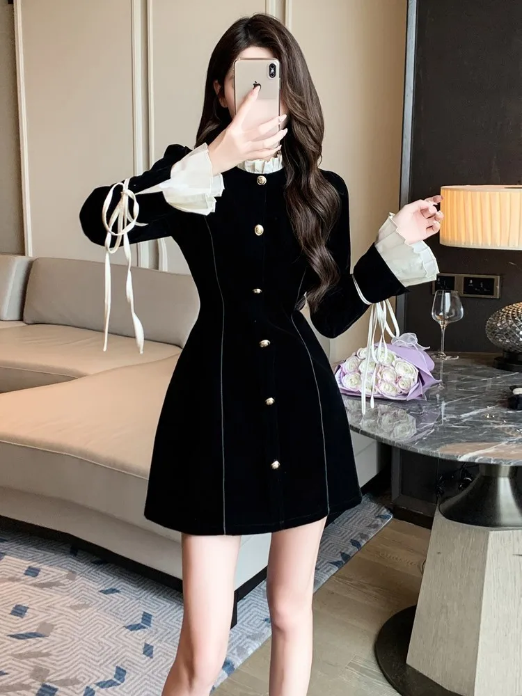 Black Velvet Court Style Mini Dress Women Korean Sweet Simple Office Ladies A-line Ruffles Princess Dresses Autumn Y2k Clothes