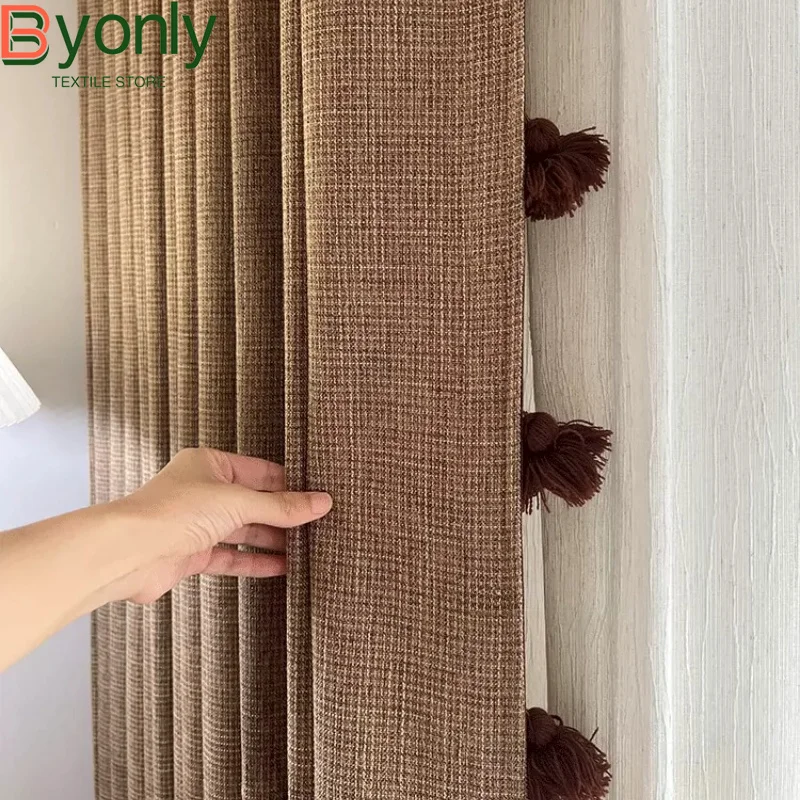 New Caramel Biscuit Linen Blended Woven Jacquard Thickened Curtains for Bedroom Living Room Window Customized Finished Product
