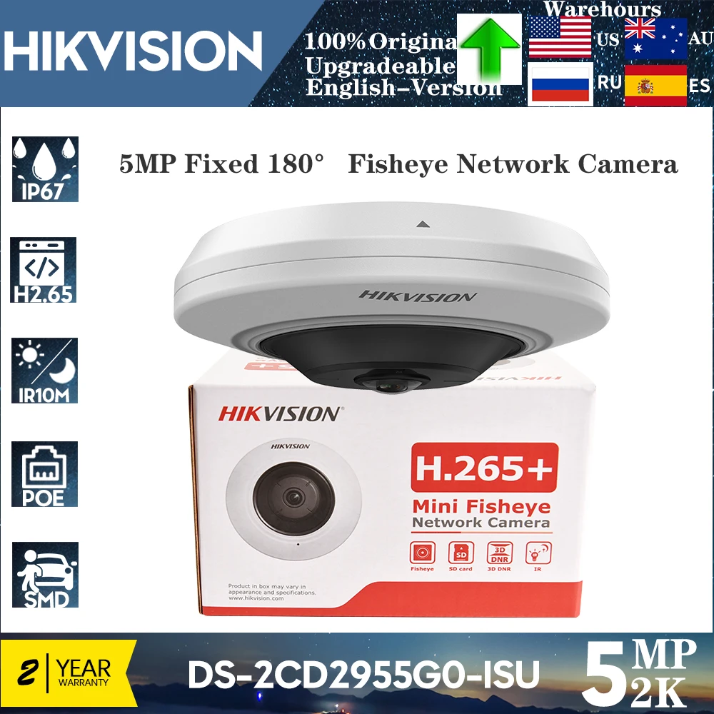 

5MP Hikvision Original DS-2CD2955G0-ISU Fisheye IP Camera H.265+ IR POE 180° Built-in Mic Dome Network Camera Audio Alarm I/O