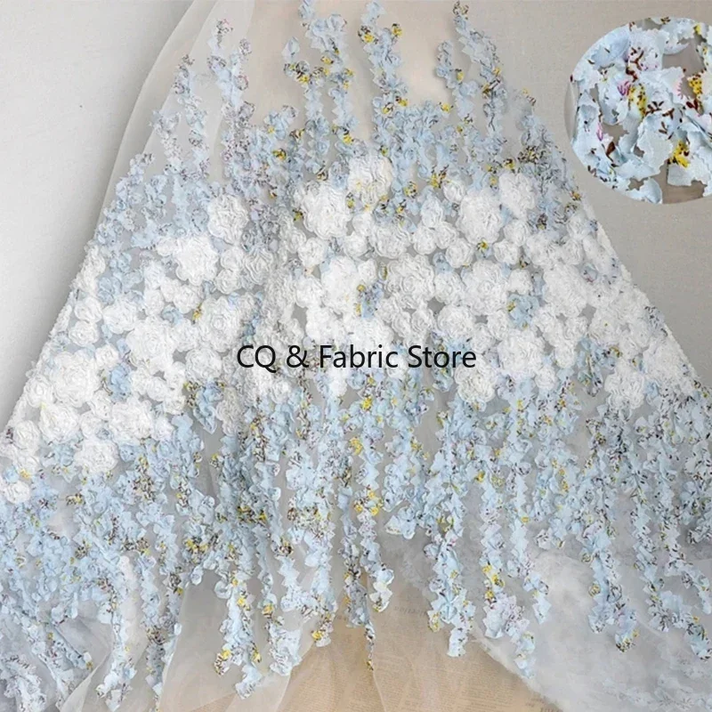 

Синяя органза 3D трехмерная пластина Цветочная ткань Шифоновая текстура Цветочная ткань Одежда Юбка Вечернее платье Дизайнерская ткань