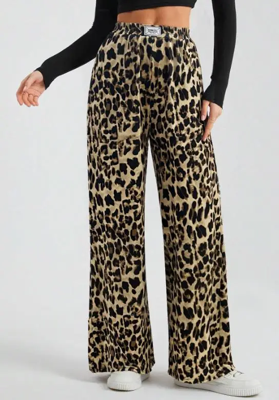 Women Pants 2026 Spring Autumn New Retro Fashion Leopard Print Pocket Design High Waist Streetwear Casual Wide Leg Pants