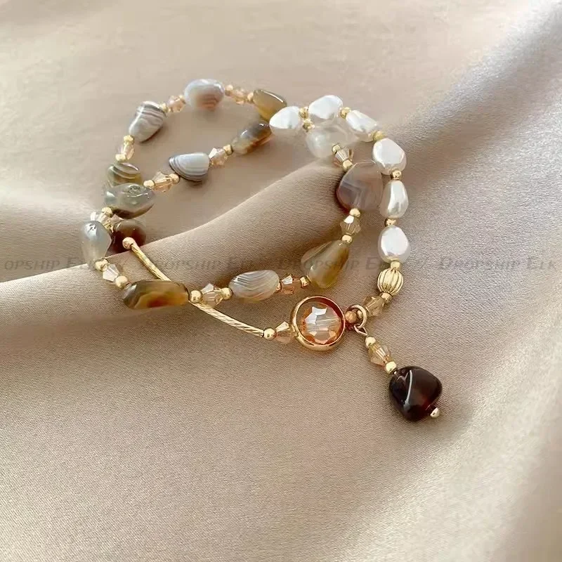 Vintage Double Layered Crystal Pearl Beaded Bracelet for Women Ethnic Natural Stone Beads Wrap Bangle Bracelet Jewelry Gifts
