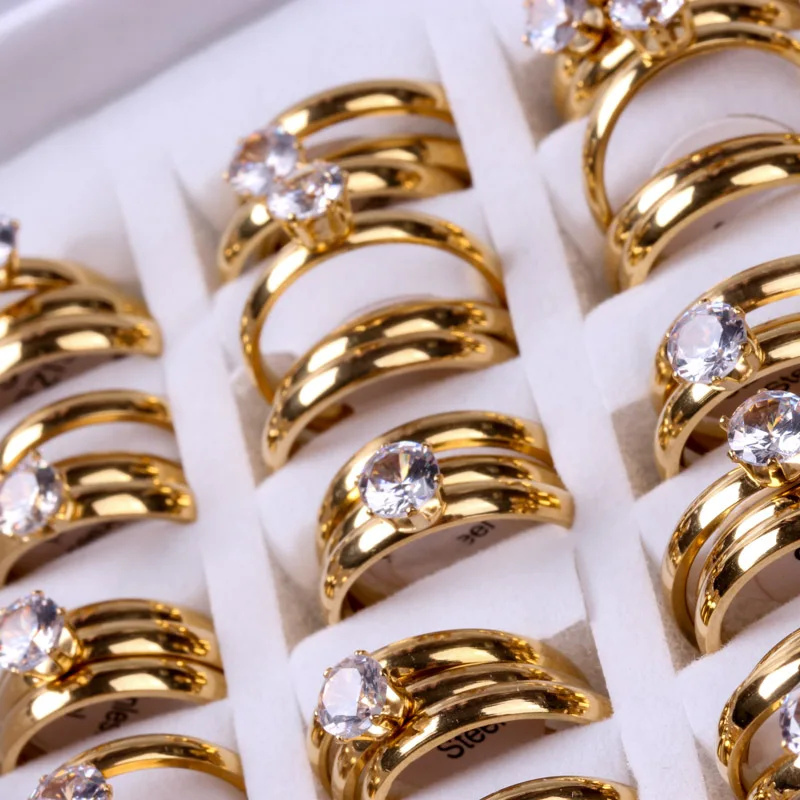 36pcs(12Sets) Gold Plate Couples Ring Wedding Band Zircon Lovers Anniversary Party Jewelry for Men & Women