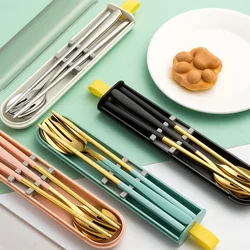 3Pcs Dinnerware Set Spoon Fork Chopsticks Cutlery with Box Portable 304 Stainless Steel Tableware for Travel Camping