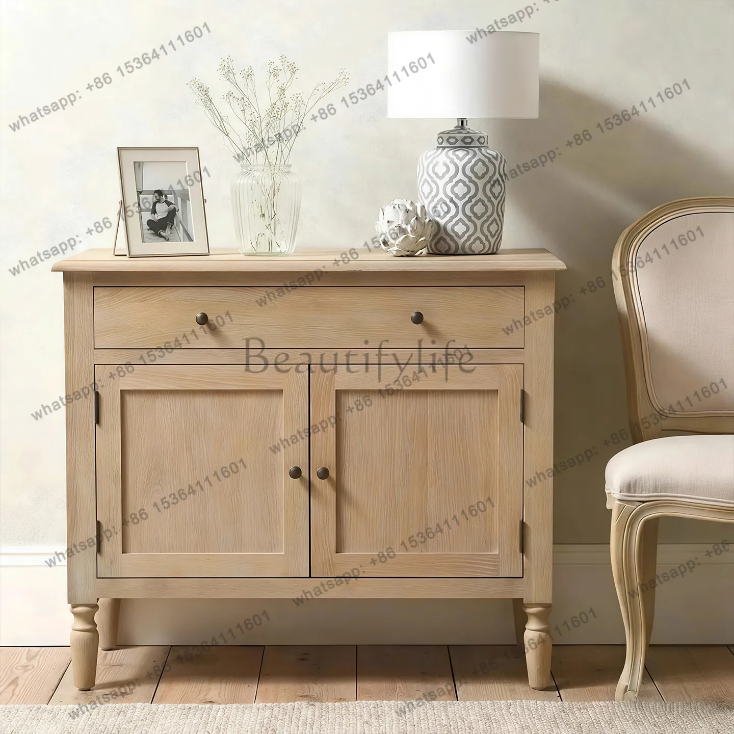 

French retro solid wood dining side cabinet, living room log large capacity wall storage cabinet