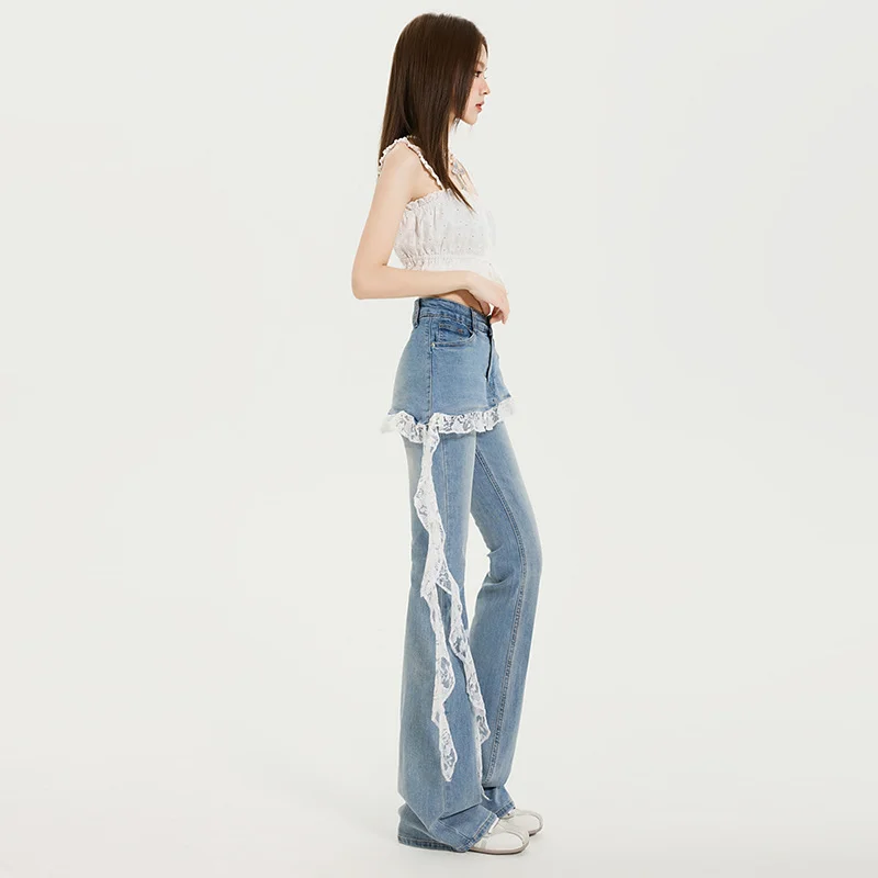 Pantalones acampanados de mezclilla Harajuku Y2K de retazos de encaje de diseño ajustado coreano para mujer, pantalones largos con parte inferior de campana Kpop de los años 2000, Gyaru Abi Jean nuevo