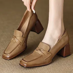 Women's genuine leather thick high heel square toe slip-on pumps OL style soft comfort elegant ladies heeled shoes plus size 42