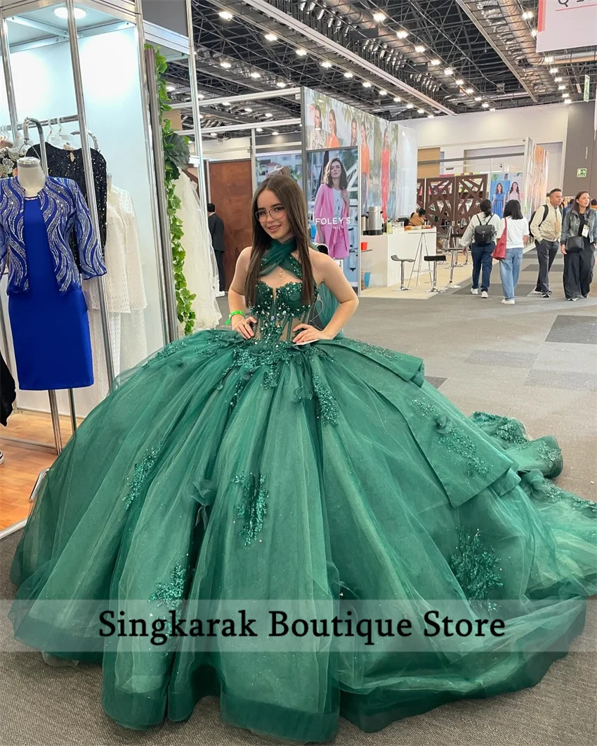 

Роскошное зеленое бальное платье с открытыми плечами и аппликациями из цветочных бусин, платья Quinceanera, платья для дня рождения, Vestidos 15 De Anos, по индивидуальному заказу