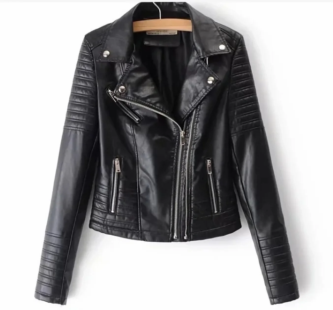 

Vintage Women Leather Jackets Faux Leather Moto Spring Bomber Jacket Two Zippers Drive Biker Coat PU Windbreak Outwear Autumn