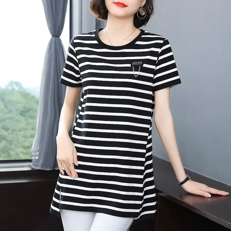 Black White Striped Short Sleeve 2024 New Summer Korean Fashion Irregular O-neck T-Shirt Women Clothing Casual Patchwork Top Tee