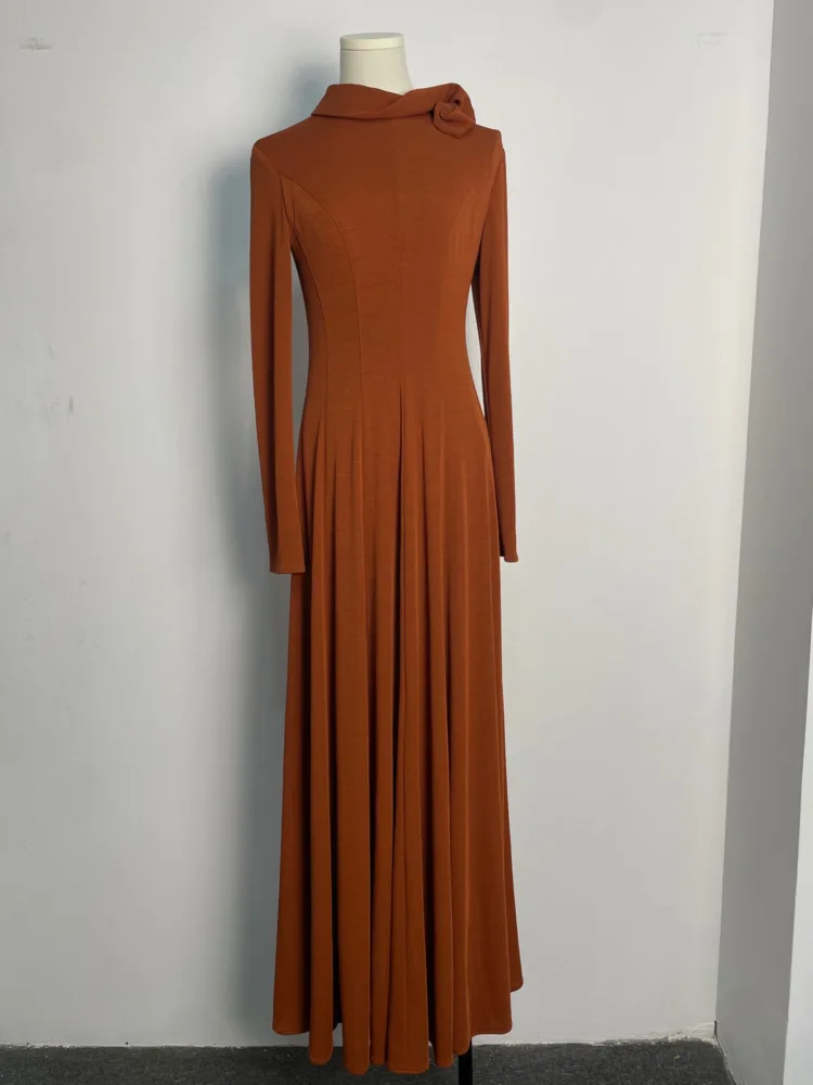 EAEOVNI 3D Fiore Impiombato Design Vestito Delle Donne di Lusso Del Partito di Colore Solido A Vita Alta Pieghe Abiti Lunghi Elegante 2025 Nuovi Abbigliamento