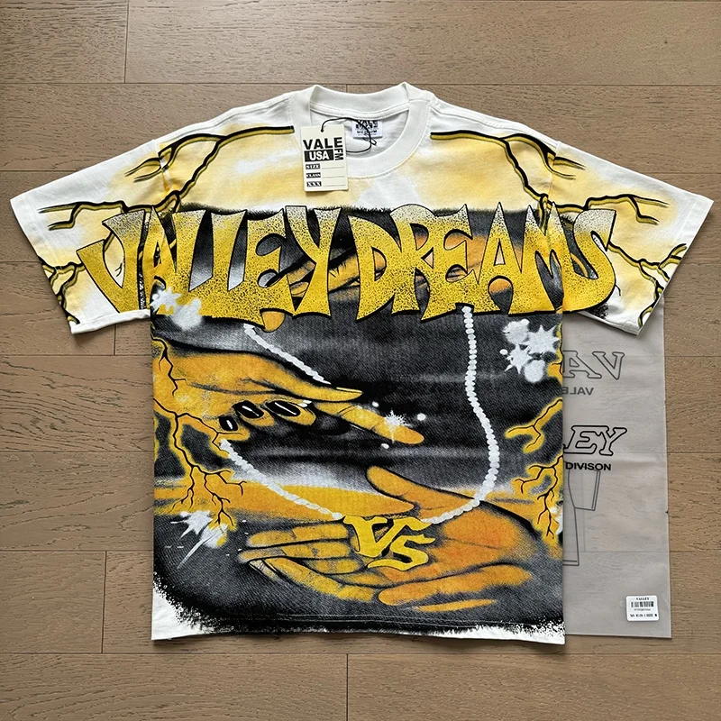 Vale Valley American Retro Washed Print Trendy Brand High Quality Loose Pure Cotton Short Sleeve T-Shirt Youth Popular Street...