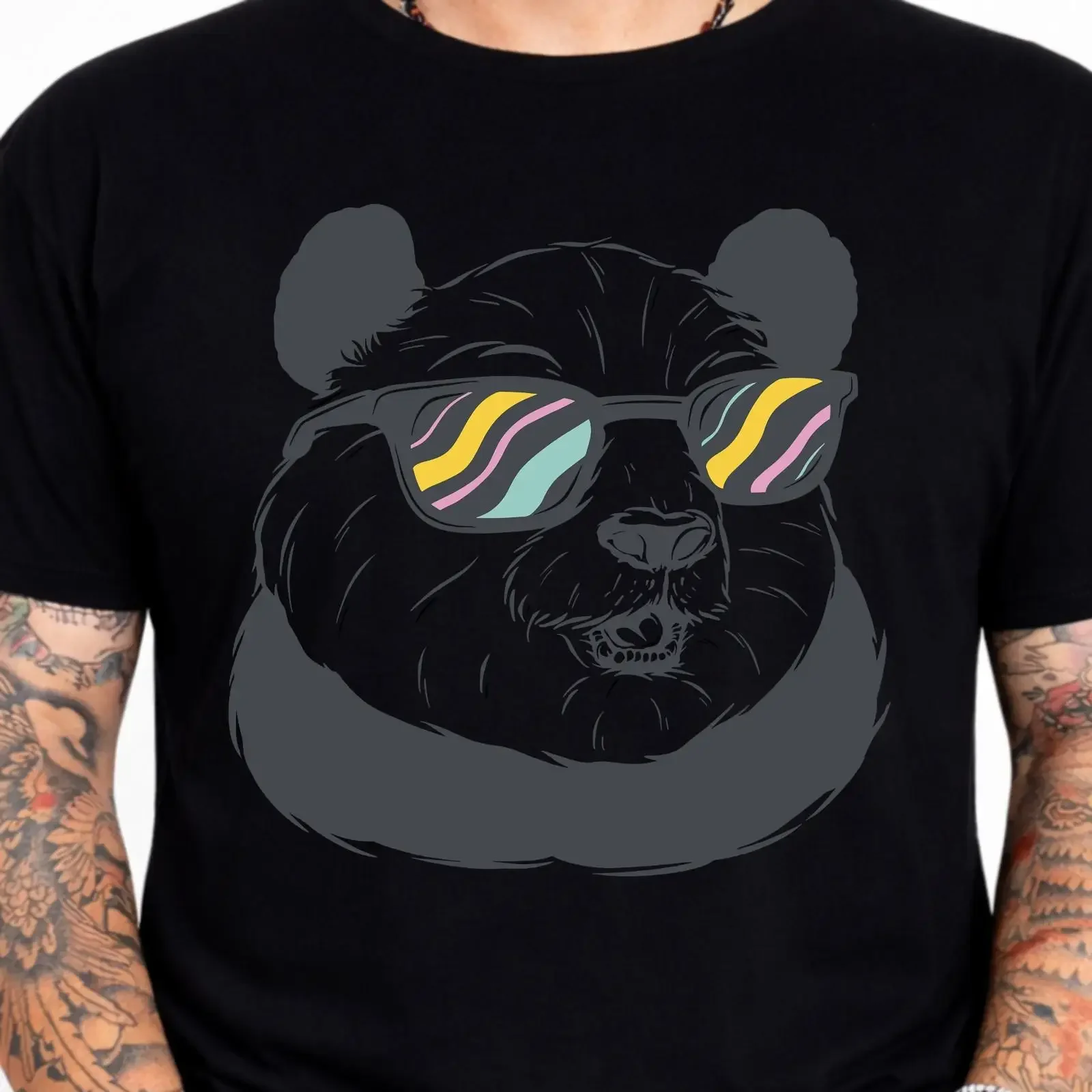 Cool Panda Sunglasses T Shirt Retro Bear Animal Lover GifT vintage Washed graphic homme Soft Unisex Stretched Comfortable