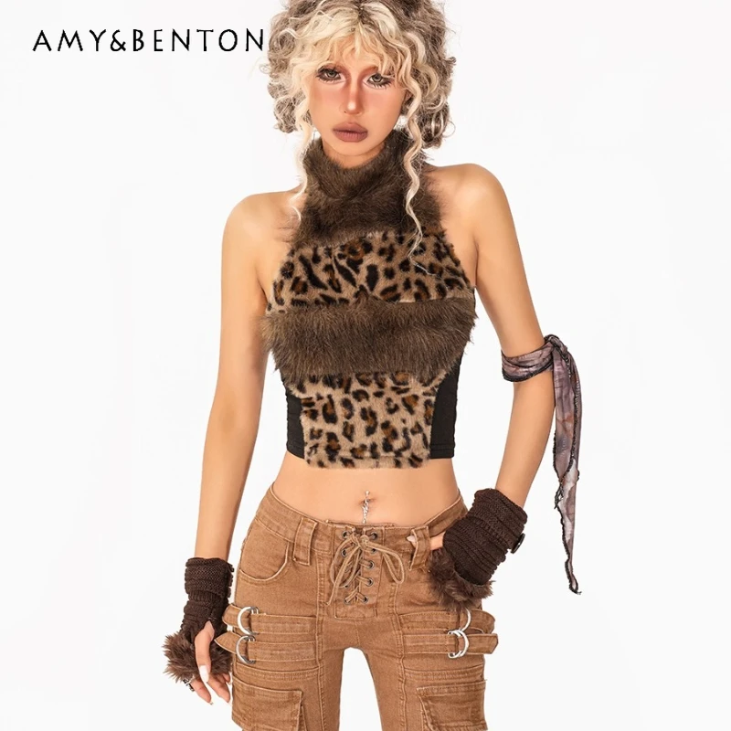 

European American Retro Leopard Print Splicing Furry Women's Vest Original Autumn Winter Sleeveless Hot Girl Halter Top Ladies