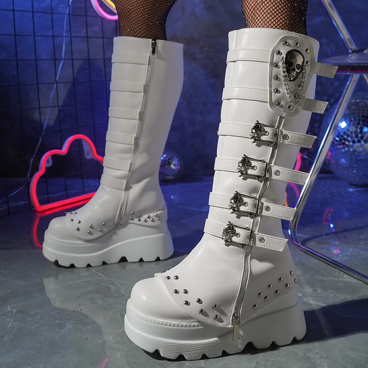 Long Women Boots Cosplay Ladies High Heels Metal Decoration Shoes Platform Women Boots Gothic Buckle Strap Leather Female Boots