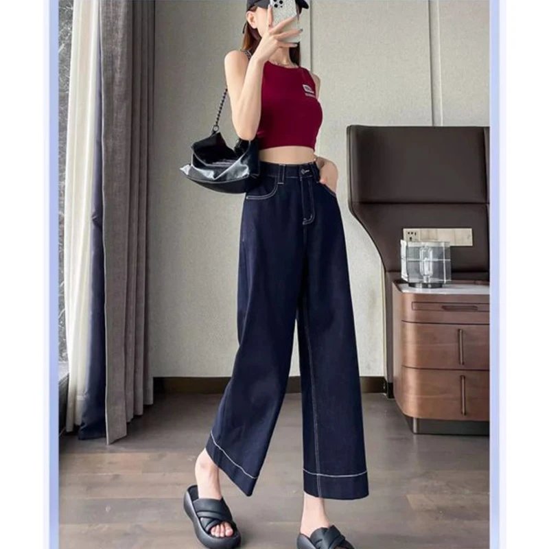 Damska letnia prostota Office Lady Solid Color High Waist Appear Thin Wide Leg Women Clothes Fashion All-match Cropped Pants