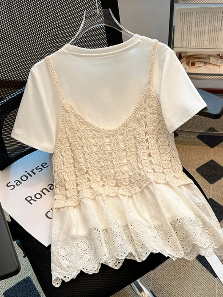 n Sle المرأة ort Sve تي شيرت محبوك الجوف خارج المحاصيل الأعلى وسترة قطعتين مجموعة الصيف تنفس مزيج القطن #3