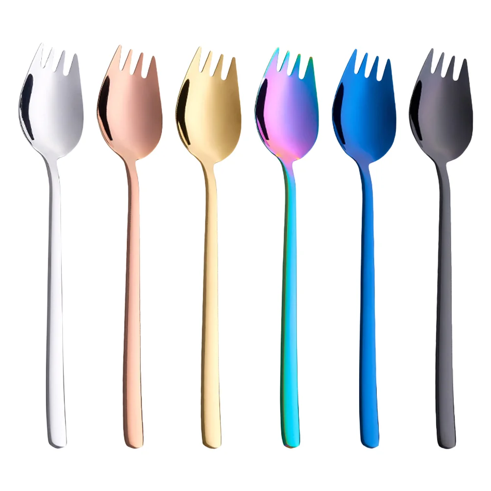 

6 Pcs Stainless Steel Fork Spoon Scoops Simple Dessert Forks Dual Use Spoons Cake Salad 304 Fruit Practical Travel Noodle