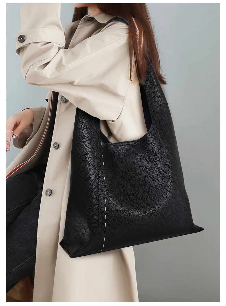 Weiche Litchi-Textur Echtleder Damen Hobo-Tasche Große Kapazität Innentasche Schulter-Tragetasche für Einkaufen Büro Täglichen Gebrauch – Detail 3