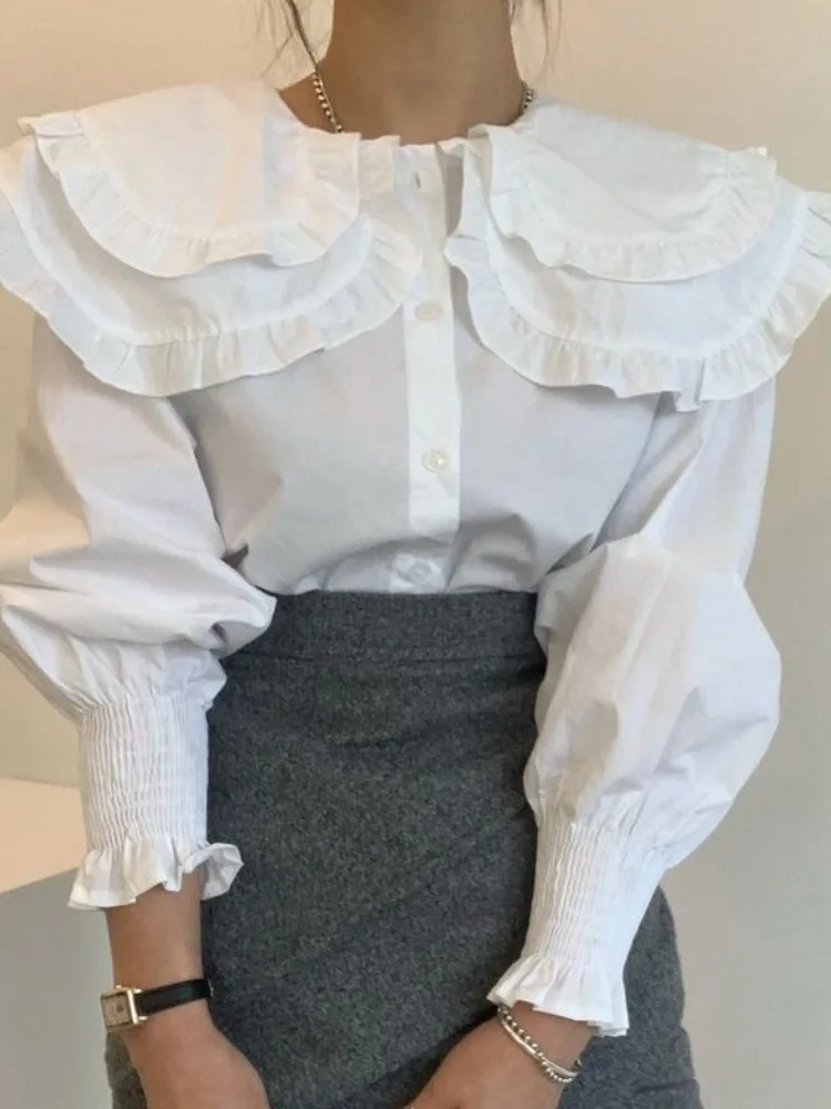 

Chic Loose Long Sve Babydoll Collar Single Button Women's irt Versatile Autumn Anti-Aging Double Layered Faion Top