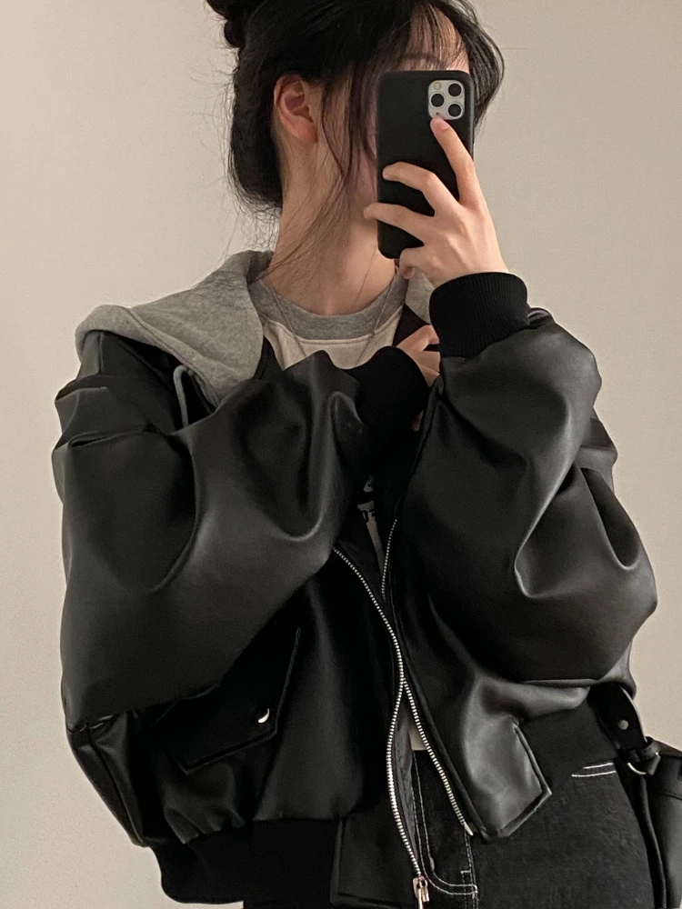 خريف شتاء جديد في مزاجه المتخصصة الرجعية سستة جيب مزدوج عادية فضفاض وهمية قطعتين مقنعين سترة جلدية القمم