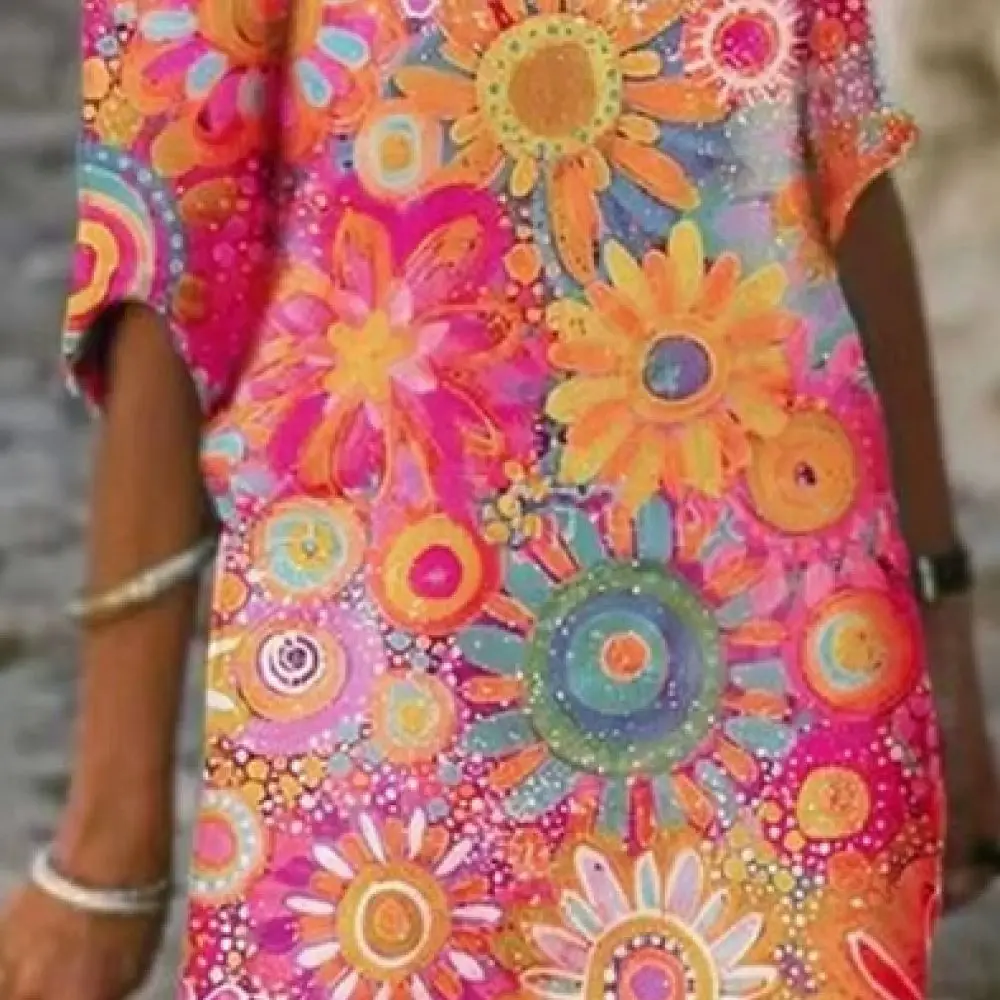 Elegant Floral Midi Dress Women Summer V Neck Short Sleeve Casual Fashion Loose Breathable Soft Polyester Daily Party Apparel