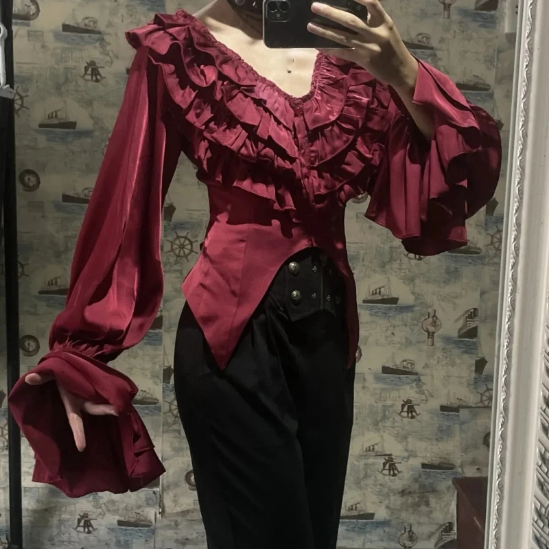 

V-neck trumpet sleeve ruffled tunic irregular summer tops Gothic shirt Japanese shirt women's clothing