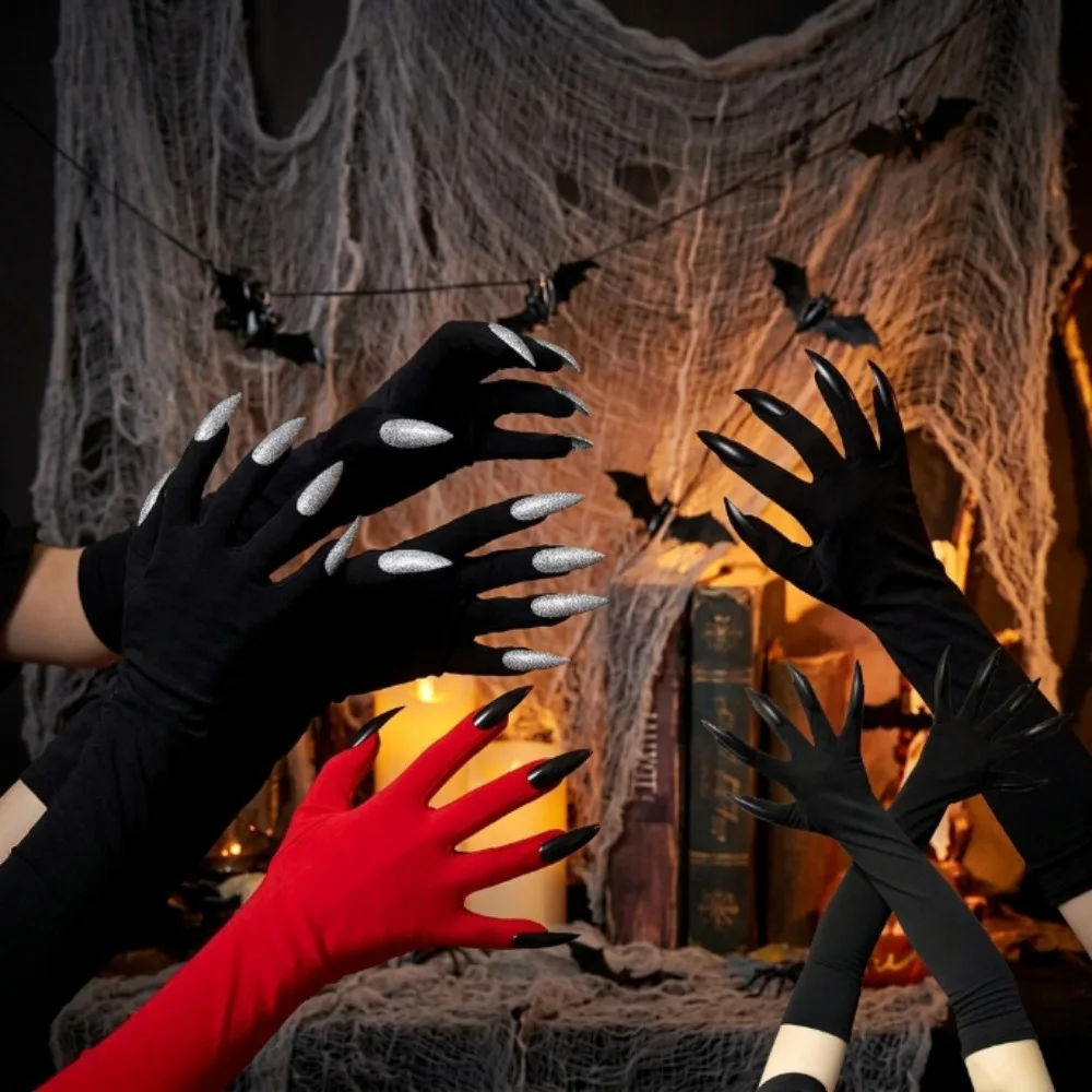 Halloween Long Witch Claw Gloves Sparkly Long Nails Cosplay Monster Demon Hand Sleeves Costume Party Performance Prop