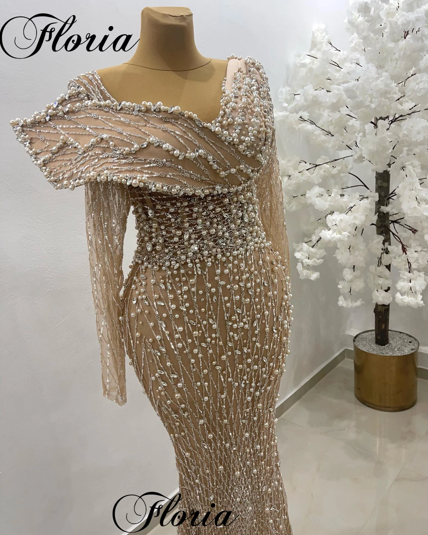 Special Champagne Pearls Cocktail Dresses For Women Long Sleeves Formal Occasion Dresses Mermaid Vestidos De Noche Prom Dresses