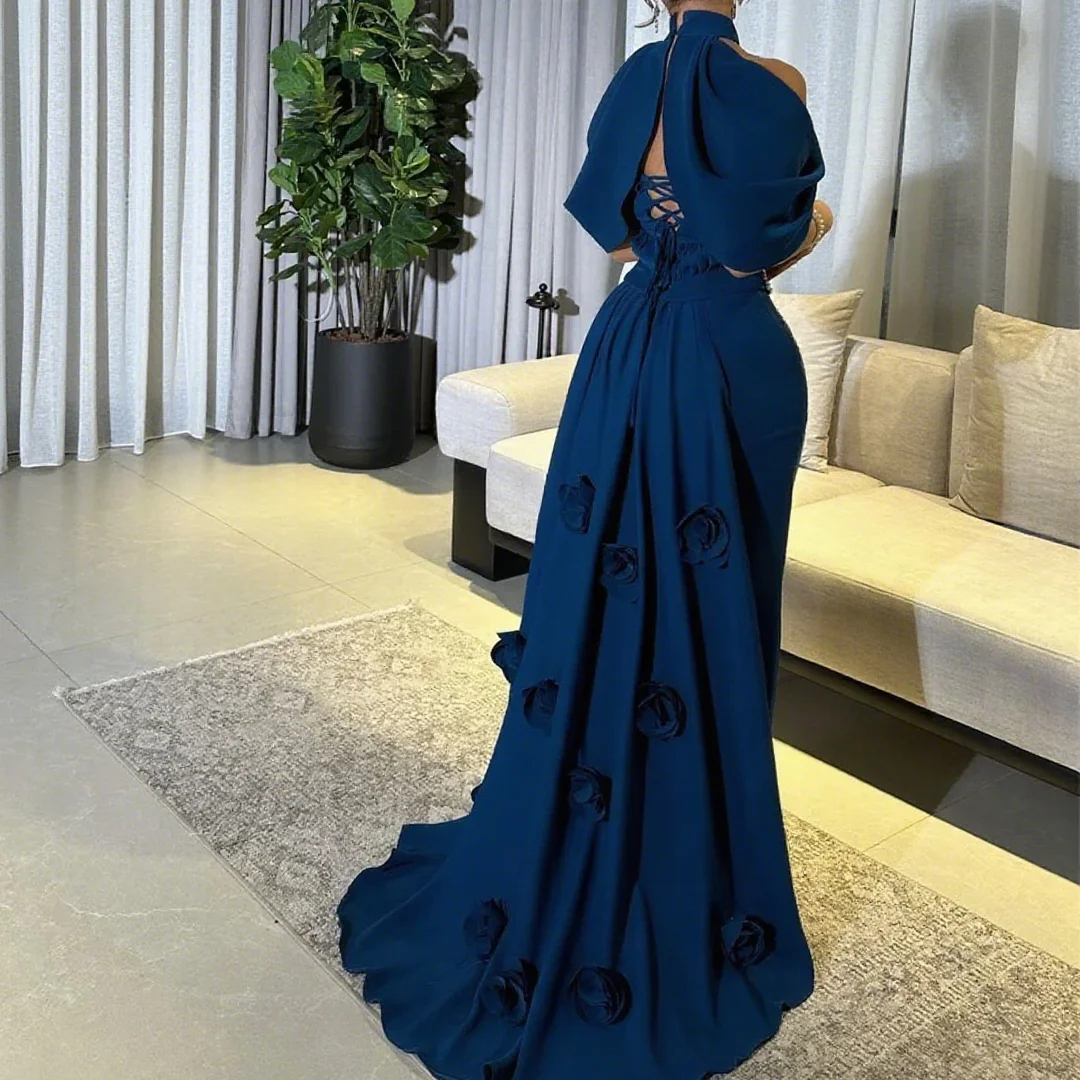 ファッションエレガントな複雑なジャージ手作りフラワーラインストーン A ラインホルターロングドレスオケージョンドレスカスタマイズ