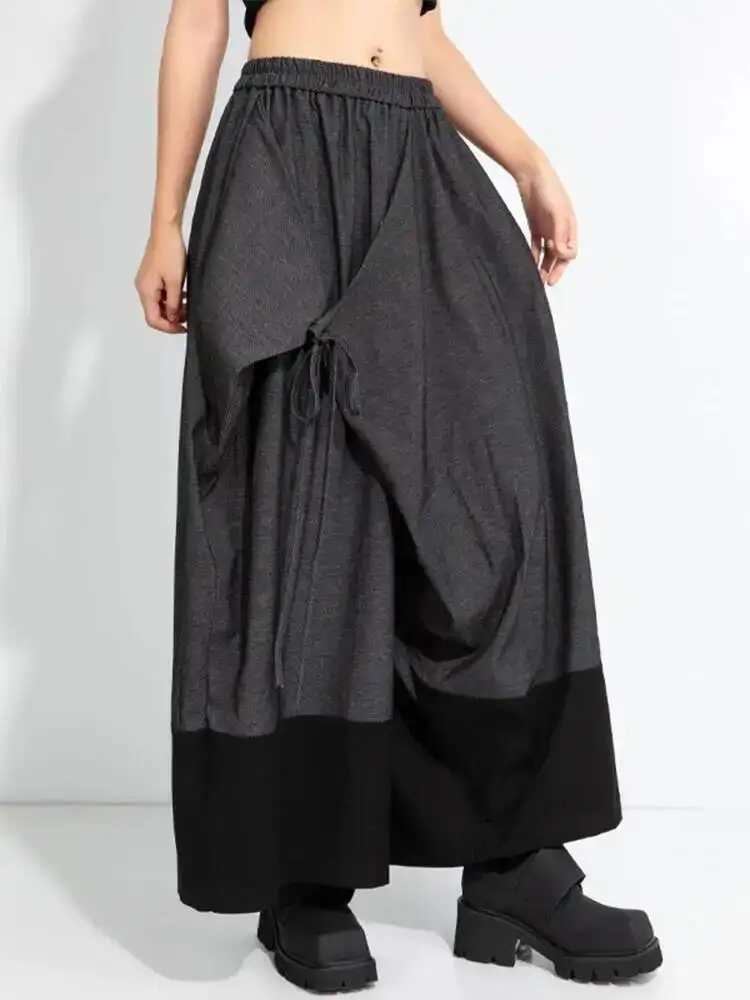 Elastic Waist High Dark Gray Bandage Color-block Wide Leg Pants New Trousers Women Fashion  Spring Autumn 2026 PSNF