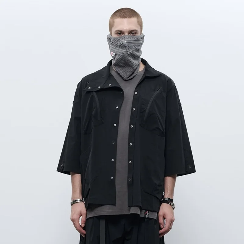 INCONSTANT J24E-BK Asymmetrical Collar Shirt casual techwear all black darkwear big pocket workwear streetwear