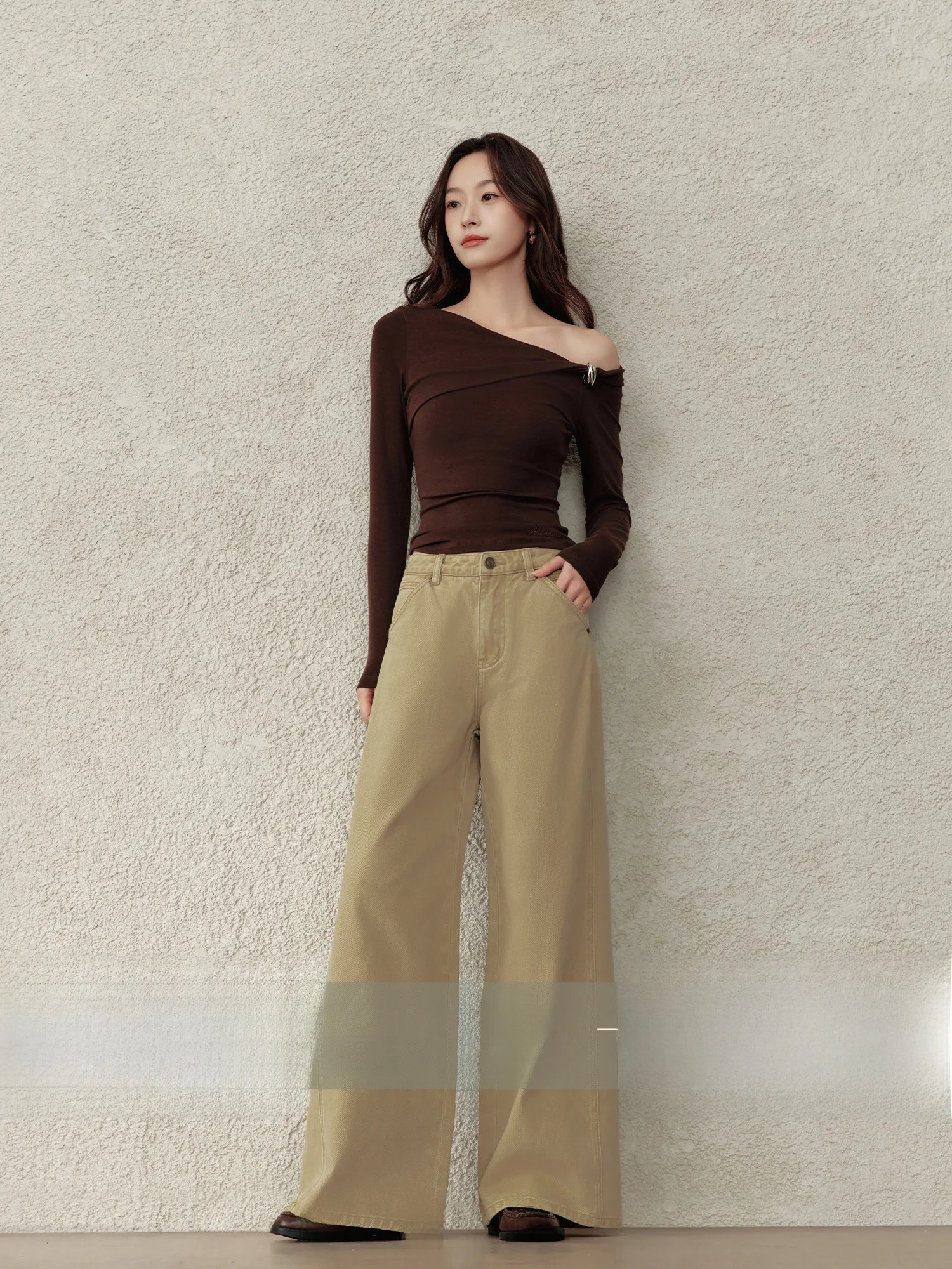 

Khaki Wide Leg Jeans Women's Loose Fit Straight Loose Jeans Spring Autumn Slimming Design Casual Comfortable Denim Pants