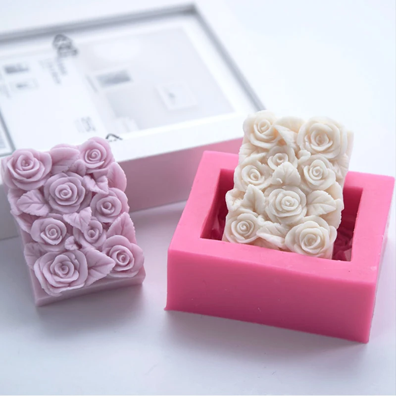 3D Rose Rectangle Soap Mold Silicone Flowers Soap Making Mould Handmade Cake Chocolate Dessert Baking Mold Candle Craft Supplies