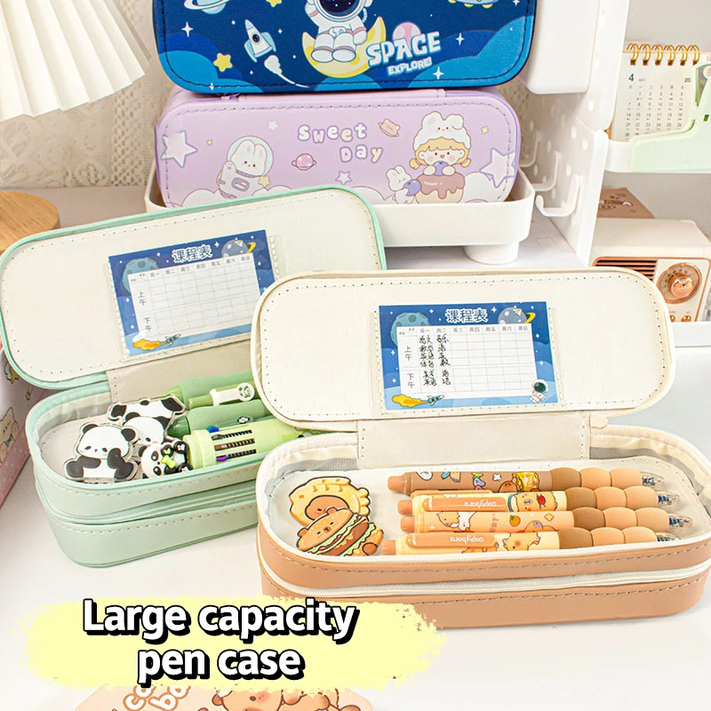 Double-Layer Pencil Case Large Capacity Capybara Panda Astronaut Students Pen Bag Multifunctional Stationery Storage Bag