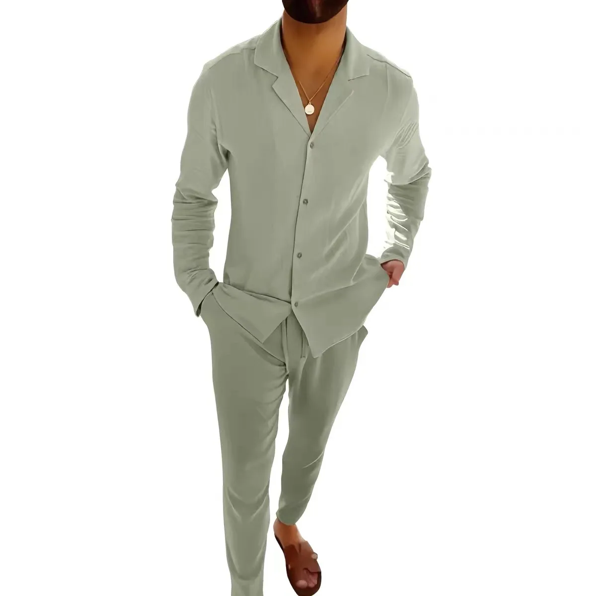 Spring Autumn New Fashion 2025 Men's Casual Trendy Solid Color 2 Piece Sets Long Sleeve Cuban Collar Shirt Trousers Male Clothes