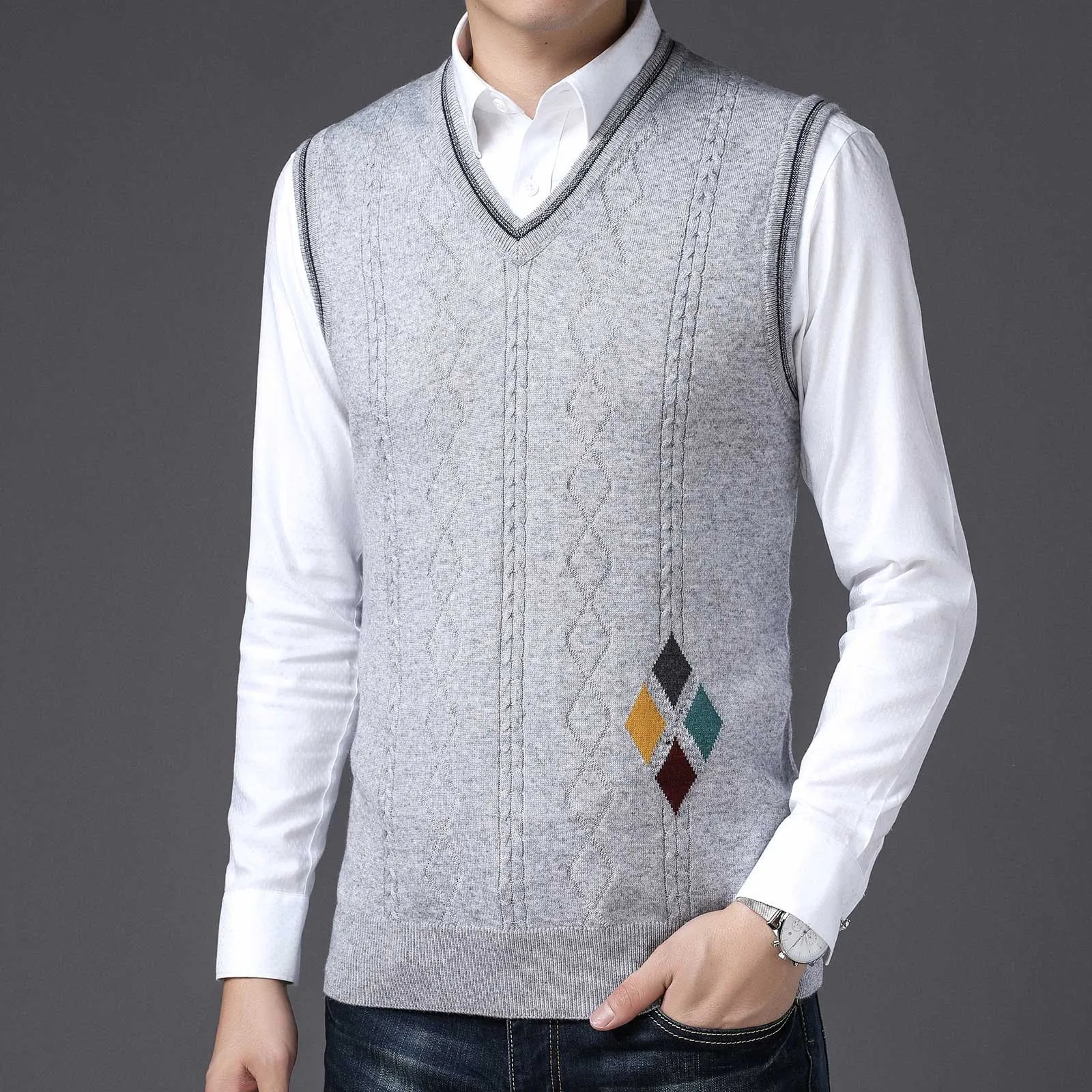 

Winter Male Sleeveless Knitted Vest Men's Fashion Casual Solid Colour Bottoming Shirt V Neck Jacquard Shoulder Jumper Vests