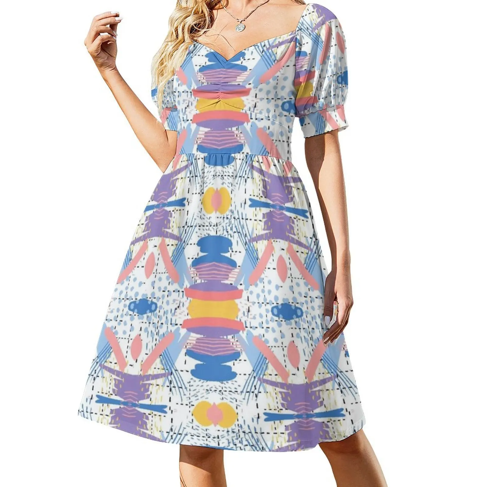 فستان حفلات أنيق للنساء بنمط هندسي تجريدي ملون على شكل حرف a مع خيارات قصيرة/طويلة/بدون أكمام مجردة #2